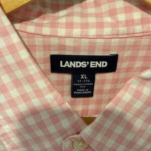 Lands' End Men's Pink and White Plaid Shirt